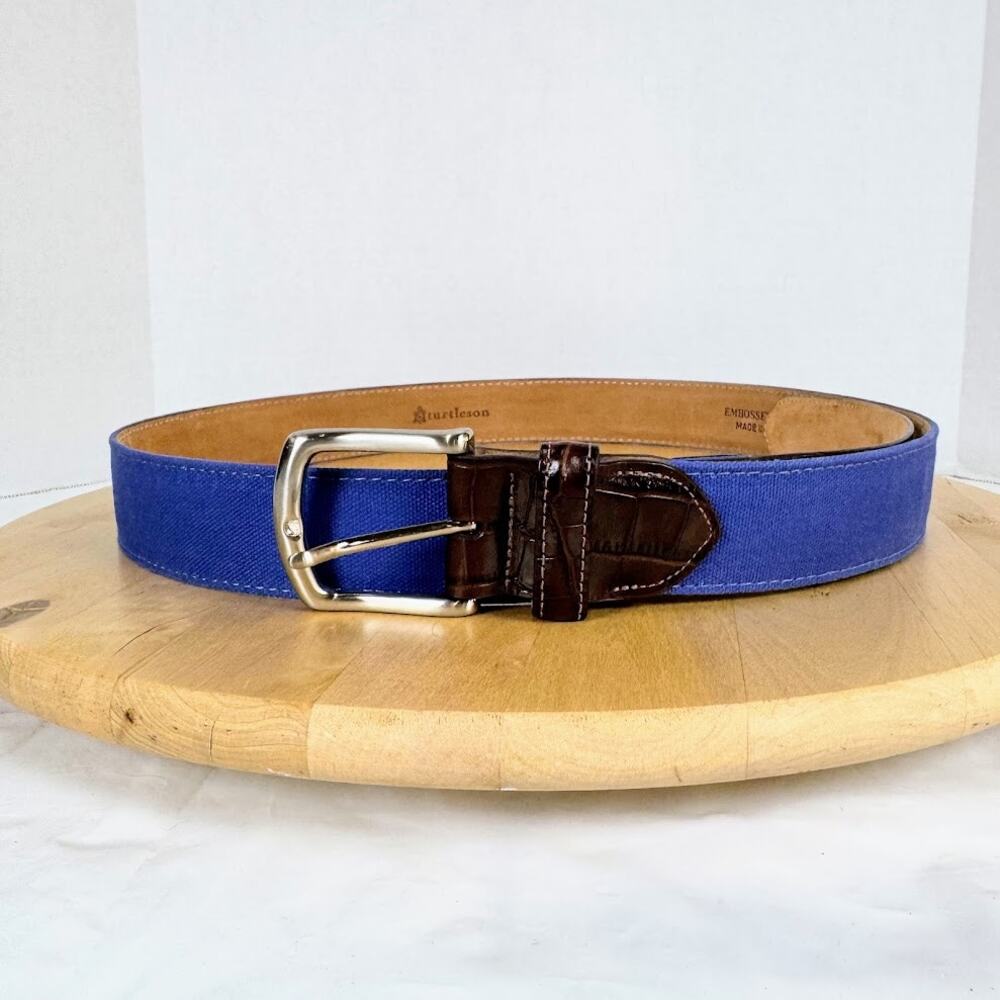 Turtleson Belt with Silver Buckle & Croc Embossed Leather Blue Cloth Men sz 42